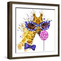 Funny Giraffe T-Shirt Graphics. Funny Giraffe Illustration with Splash Watercolor Textured Backgrou-Dabrynina Alena-Framed Art Print