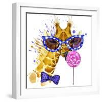 Funny Giraffe T-Shirt Graphics. Funny Giraffe Illustration with Splash Watercolor Textured Backgrou-Dabrynina Alena-Framed Art Print