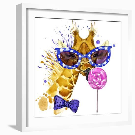 Funny Giraffe T-Shirt Graphics. Funny Giraffe Illustration with Splash Watercolor Textured Backgrou-Dabrynina Alena-Framed Art Print