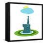 Funny Graphic Elephant and Rain. Blue Cheerful Elephant Sitting on the Lawn. Vector Illustration EP-Popmarleo-Framed Stretched Canvas