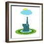 Funny Graphic Elephant and Rain. Blue Cheerful Elephant Sitting on the Lawn. Vector Illustration EP-Popmarleo-Framed Art Print