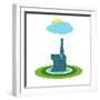 Funny Graphic Elephant and Rain. Blue Cheerful Elephant Sitting on the Lawn. Vector Illustration EP-Popmarleo-Framed Art Print