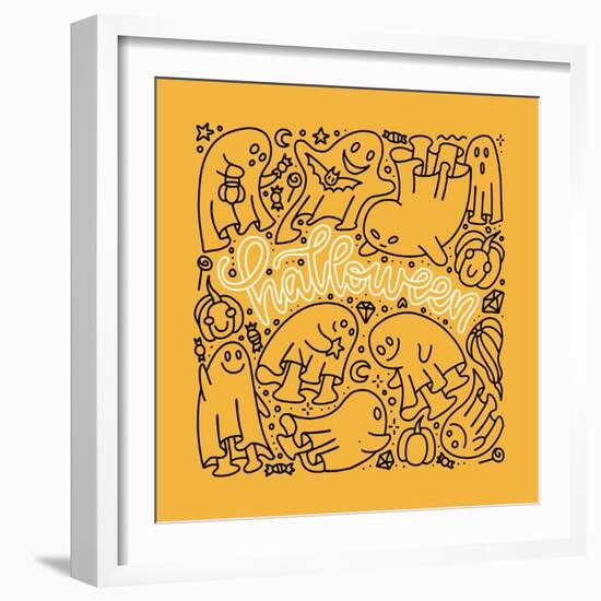 Funny Halloween Doodle Ghosts Set Isolated on Yellow Background. Collection of White Sheet Spooks.-Svetlana Shamshurina-Framed Photographic Print