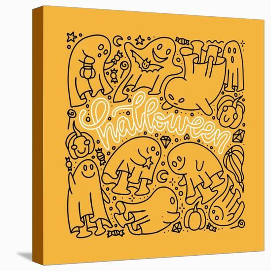 Funny Halloween Doodle Ghosts Set Isolated on Yellow Background. Collection of White Sheet Spooks.-Svetlana Shamshurina-Stretched Canvas