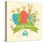 Funny Happy Easter Card in Vector. Cute Rabbits and Chicken with Bright Holiday Eggs-smilewithjul-Stretched Canvas