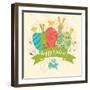 Funny Happy Easter Card in Vector. Cute Rabbits and Chicken with Bright Holiday Eggs-smilewithjul-Framed Art Print