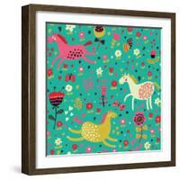 Funny Horses in Flowers-smilewithjul-Framed Art Print