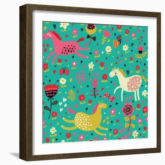 Funny Horses in Flowers-smilewithjul-Framed Art Print