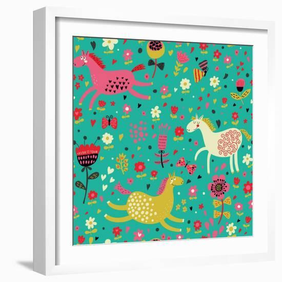 Funny Horses in Flowers-smilewithjul-Framed Art Print