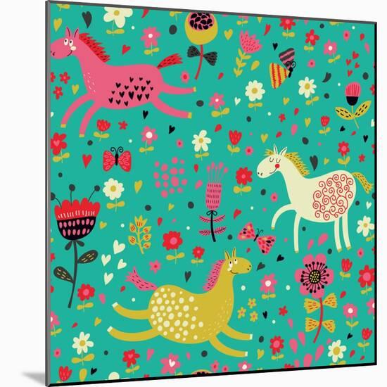 Funny Horses in Flowers-smilewithjul-Mounted Art Print