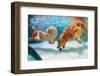 Funny Little Child Play with Fun and Train Golden Labrador Retriever Puppy in Swimming Pool, Jump A-Tropical studio-Framed Photographic Print