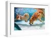 Funny Little Child Play with Fun and Train Golden Labrador Retriever Puppy in Swimming Pool, Jump A-Tropical studio-Framed Photographic Print