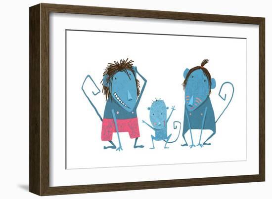 Funny Monkey Family Hand Drawn Cartoon Father Mother and Child. Comical Monkey Family Drawing. Chil-Popmarleo-Framed Art Print