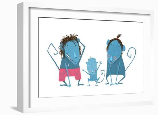 Funny Monkey Family Hand Drawn Cartoon Father Mother and Child. Comical Monkey Family Drawing. Chil-Popmarleo-Framed Art Print