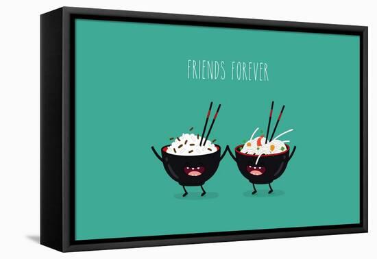 Funny Rice Noodles and Rice in Black Plates. Friend Forever. Vector Illustration. Comic Character-Serbinka-Framed Stretched Canvas