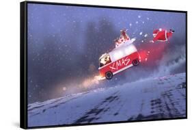 Funny Scene of Santa Claus and the Van with Christmas Gift Bags Jumping on Winter Road,Illustration-Tithi Luadthong-Framed Stretched Canvas