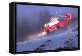 Funny Scene of Santa Claus and the Van with Christmas Gift Bags Jumping on Winter Road,Illustration-Tithi Luadthong-Framed Stretched Canvas