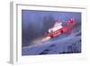 Funny Scene of Santa Claus and the Van with Christmas Gift Bags Jumping on Winter Road,Illustration-Tithi Luadthong-Framed Art Print