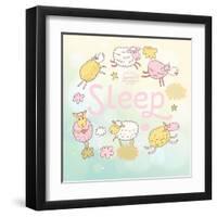 Funny Sheep on Clouds in Vector Card. Cartoon Childish Background. Sleeping Concept Illustration-smilewithjul-Framed Art Print