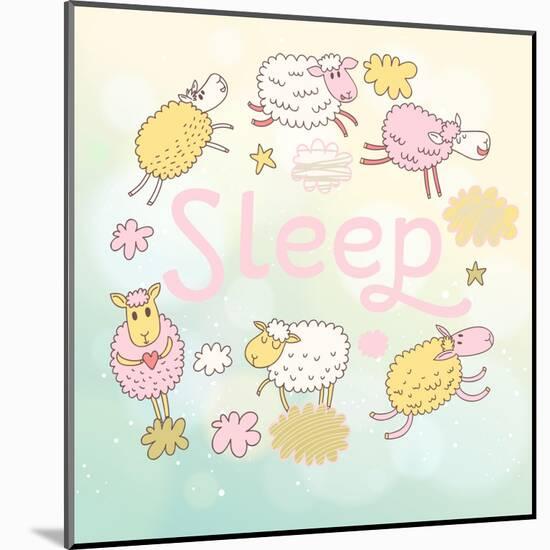 Funny Sheep on Clouds in Vector Card. Cartoon Childish Background. Sleeping Concept Illustration-smilewithjul-Mounted Art Print
