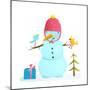 Funny Snowman with Birds Present and Small Tree. Colorful Watercolor Style Cartoon for Kids Winter-Popmarleo-Mounted Art Print