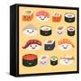 Funny Sushi Characters. Funny Sushi with Cute Faces. Sushi Roll and Sashimi Set. Happy Sushi Charac-coffeee_in-Framed Stretched Canvas