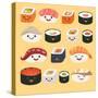 Funny Sushi Characters. Funny Sushi with Cute Faces. Sushi Roll and Sashimi Set. Happy Sushi Charac-coffeee_in-Stretched Canvas