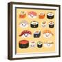 Funny Sushi Characters. Funny Sushi with Cute Faces. Sushi Roll and Sashimi Set. Happy Sushi Charac-coffeee_in-Framed Art Print