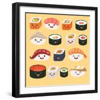 Funny Sushi Characters. Funny Sushi with Cute Faces. Sushi Roll and Sashimi Set. Happy Sushi Charac-coffeee_in-Framed Art Print