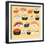 Funny Sushi Characters. Funny Sushi with Cute Faces. Sushi Roll and Sashimi Set. Happy Sushi Charac-coffeee_in-Framed Art Print