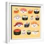 Funny Sushi Characters. Funny Sushi with Cute Faces. Sushi Roll and Sashimi Set. Happy Sushi Charac-coffeee_in-Framed Art Print