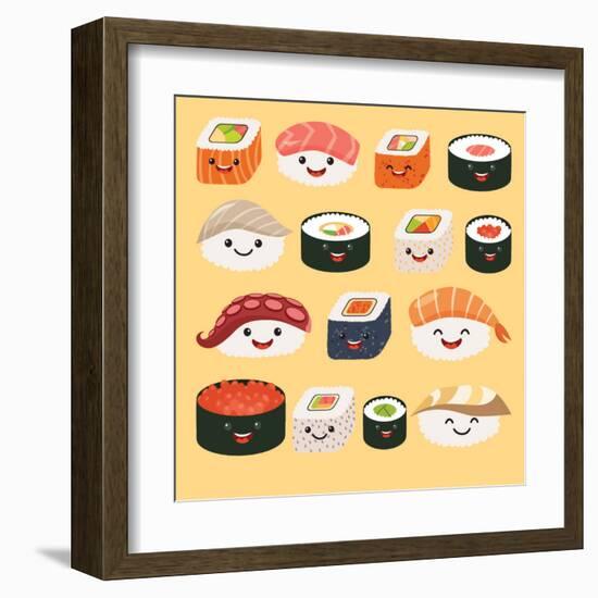 Funny Sushi Characters. Funny Sushi with Cute Faces. Sushi Roll and Sashimi Set. Happy Sushi Charac-coffeee_in-Framed Art Print