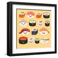 Funny Sushi Characters. Funny Sushi with Cute Faces. Sushi Roll and Sashimi Set. Happy Sushi Charac-coffeee_in-Framed Art Print