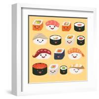 Funny Sushi Characters. Funny Sushi with Cute Faces. Sushi Roll and Sashimi Set. Happy Sushi Charac-coffeee_in-Framed Art Print