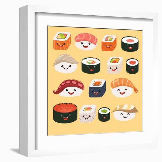 Funny Sushi Characters. Funny Sushi with Cute Faces. Sushi Roll and Sashimi Set. Happy Sushi Charac-coffeee_in-Framed Art Print