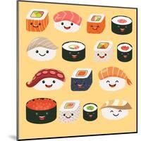 Funny Sushi Characters. Funny Sushi with Cute Faces. Sushi Roll and Sashimi Set. Happy Sushi Charac-coffeee_in-Mounted Art Print