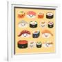 Funny Sushi Characters. Funny Sushi with Cute Faces. Sushi Roll and Sashimi Set. Happy Sushi Charac-coffeee_in-Framed Art Print