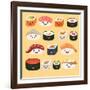 Funny Sushi Characters. Funny Sushi with Cute Faces. Sushi Roll and Sashimi Set. Happy Sushi Charac-coffeee_in-Framed Art Print