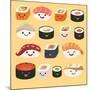 Funny Sushi Characters. Funny Sushi with Cute Faces. Sushi Roll and Sashimi Set. Happy Sushi Charac-coffeee_in-Mounted Art Print