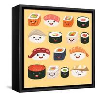 Funny Sushi Characters. Funny Sushi with Cute Faces. Sushi Roll and Sashimi Set. Happy Sushi Charac-coffeee_in-Framed Stretched Canvas