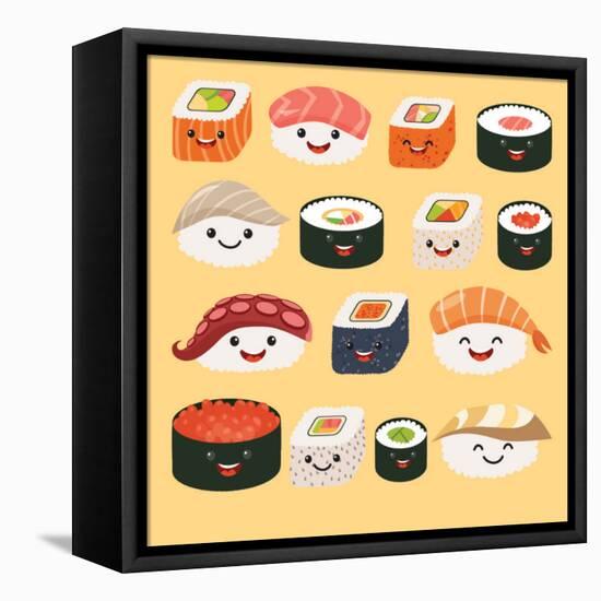 Funny Sushi Characters. Funny Sushi with Cute Faces. Sushi Roll and Sashimi Set. Happy Sushi Charac-coffeee_in-Framed Stretched Canvas