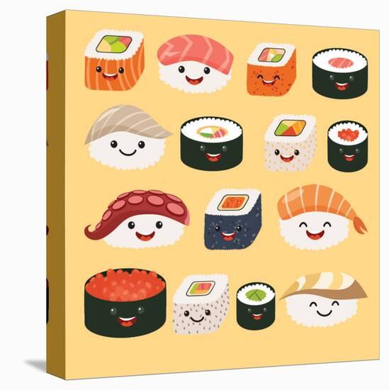 Funny Sushi Characters. Funny Sushi with Cute Faces. Sushi Roll and Sashimi Set. Happy Sushi Charac-coffeee_in-Stretched Canvas