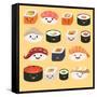 Funny Sushi Characters. Funny Sushi with Cute Faces. Sushi Roll and Sashimi Set. Happy Sushi Charac-coffeee_in-Framed Stretched Canvas