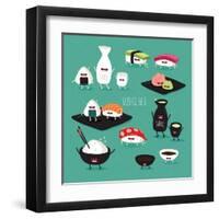 Funny Sushi Set. Bottle of Sake, Sushi, Rice, Soy Sauce. Vector Illustration.-Serbinka-Framed Art Print