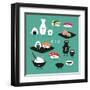 Funny Sushi Set. Bottle of Sake, Sushi, Rice, Soy Sauce. Vector Illustration.-Serbinka-Framed Art Print