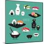 Funny Sushi Set. Bottle of Sake, Sushi, Rice, Soy Sauce. Vector Illustration.-Serbinka-Mounted Art Print