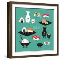 Funny Sushi Set. Bottle of Sake, Sushi, Rice, Soy Sauce. Vector Illustration.-Serbinka-Framed Art Print