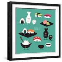 Funny Sushi Set. Bottle of Sake, Sushi, Rice, Soy Sauce. Vector Illustration.-Serbinka-Framed Art Print