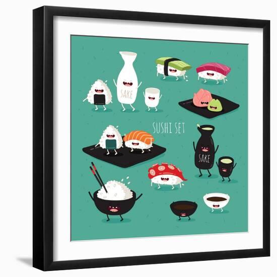 Funny Sushi Set. Bottle of Sake, Sushi, Rice, Soy Sauce. Vector Illustration.-Serbinka-Framed Art Print