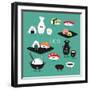 Funny Sushi Set. Bottle of Sake, Sushi, Rice, Soy Sauce. Vector Illustration.-Serbinka-Framed Art Print